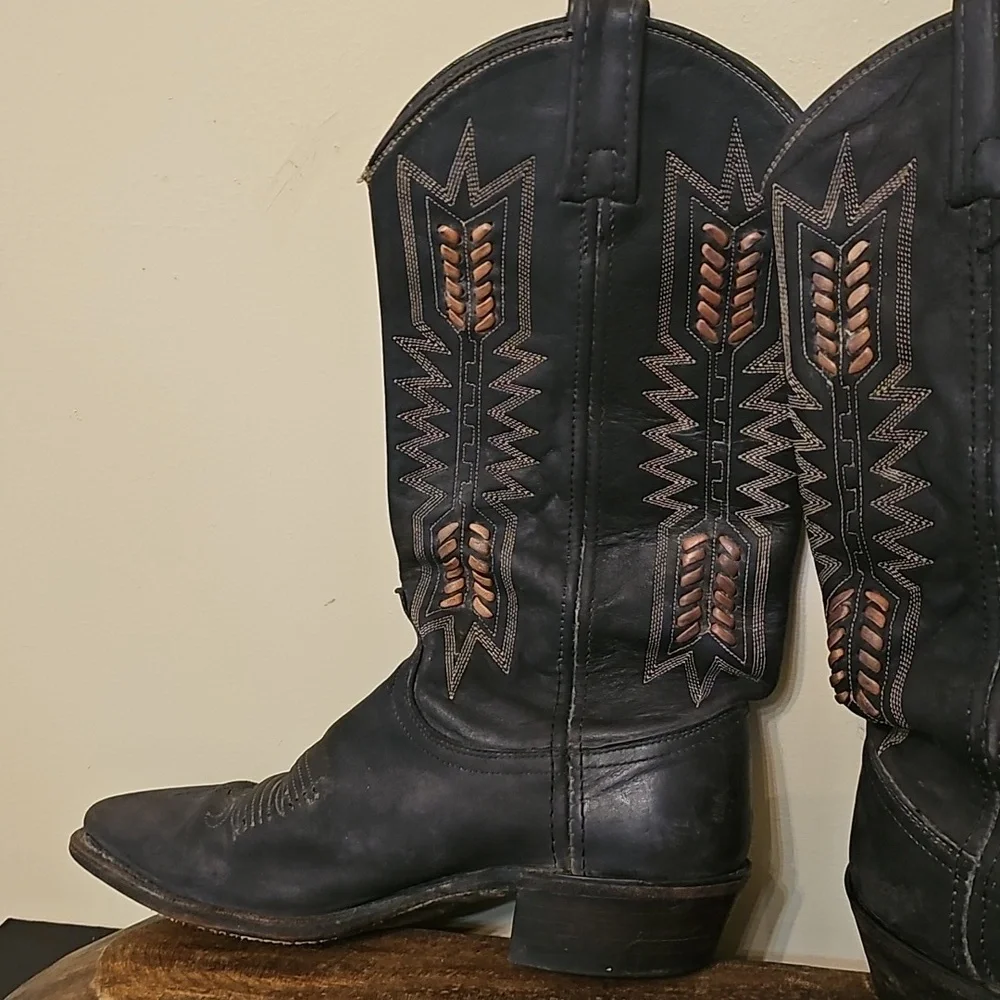 Dan Post Black Leather Boots with Gold Stitching - Picture 2 of 9